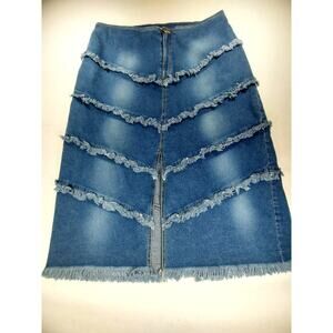 Carolina Blues Denim Maxi Skirt Sz 14 Dark Wash Tiered Raw Edge Prairie Cottage